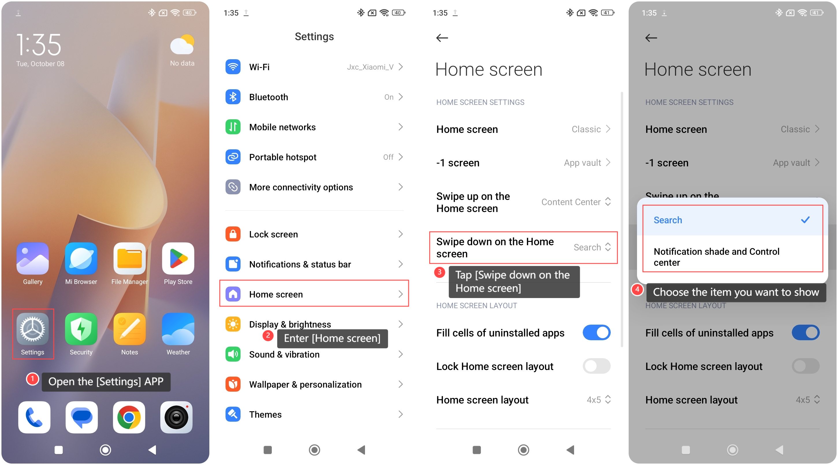 ホーム画面を下にスワイプした後、Redmi 13Cで機能を設定するには