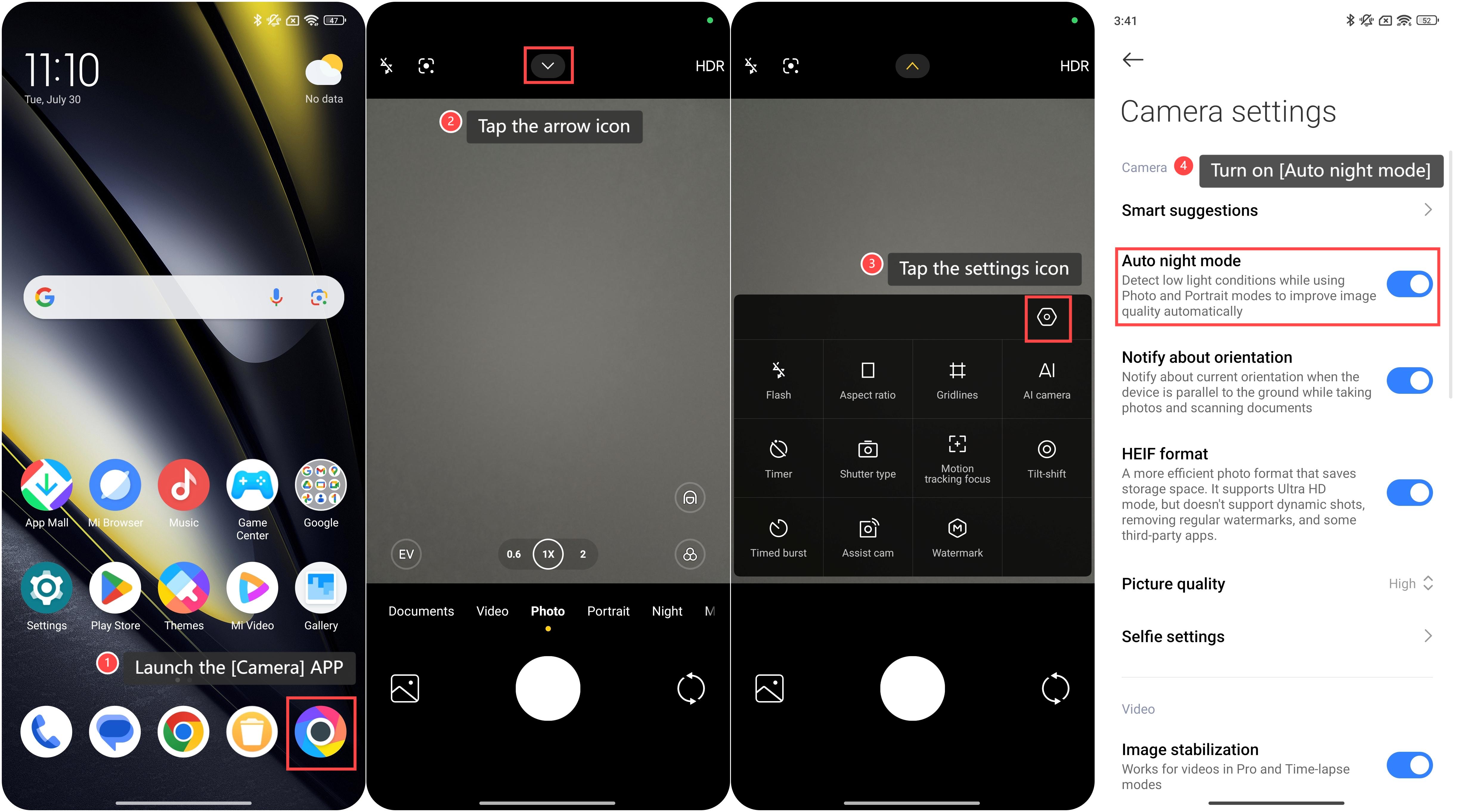 POCO F6에서 카메라의 자동 야간 모드를 켜는 방법은 무엇입니까?