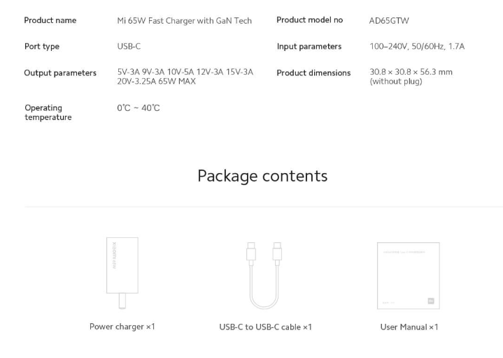 Xiaomi Mi Fast Charger Chargeur Rapide avec GaN Blanc, 65W, USB