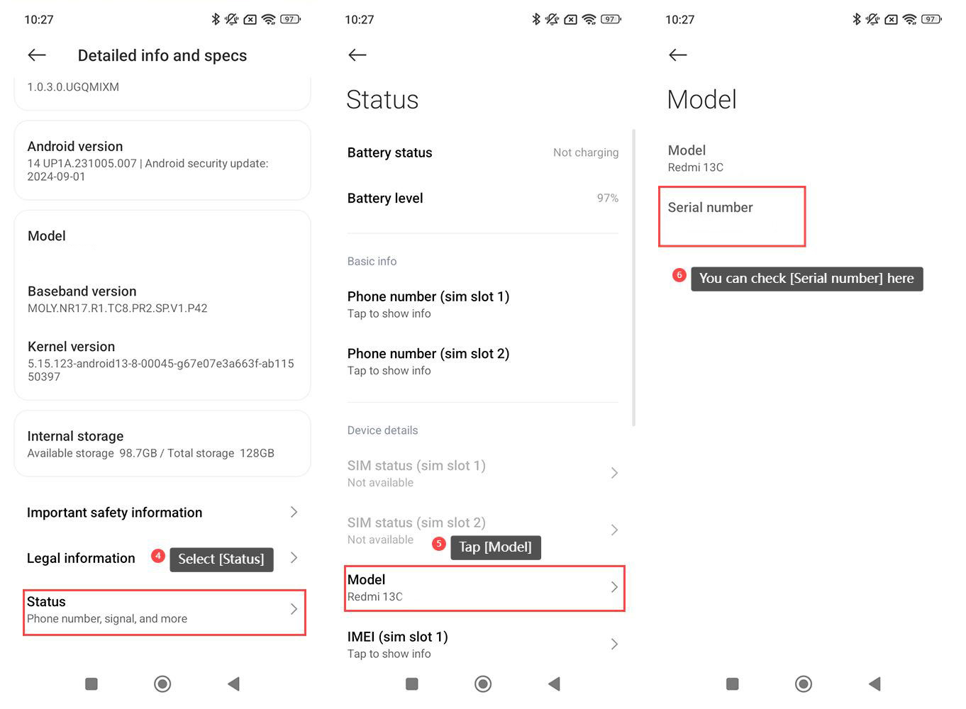mi確認ページ Redmi 13CのSNを確認する方法は?