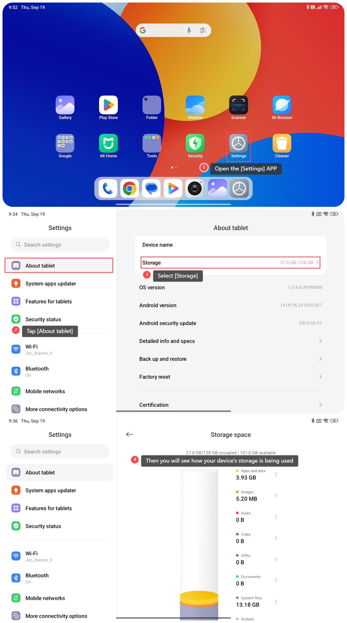 Redmi Pad SE 8.7 4Gのストレージの詳細を確認するにはどうすればよい 