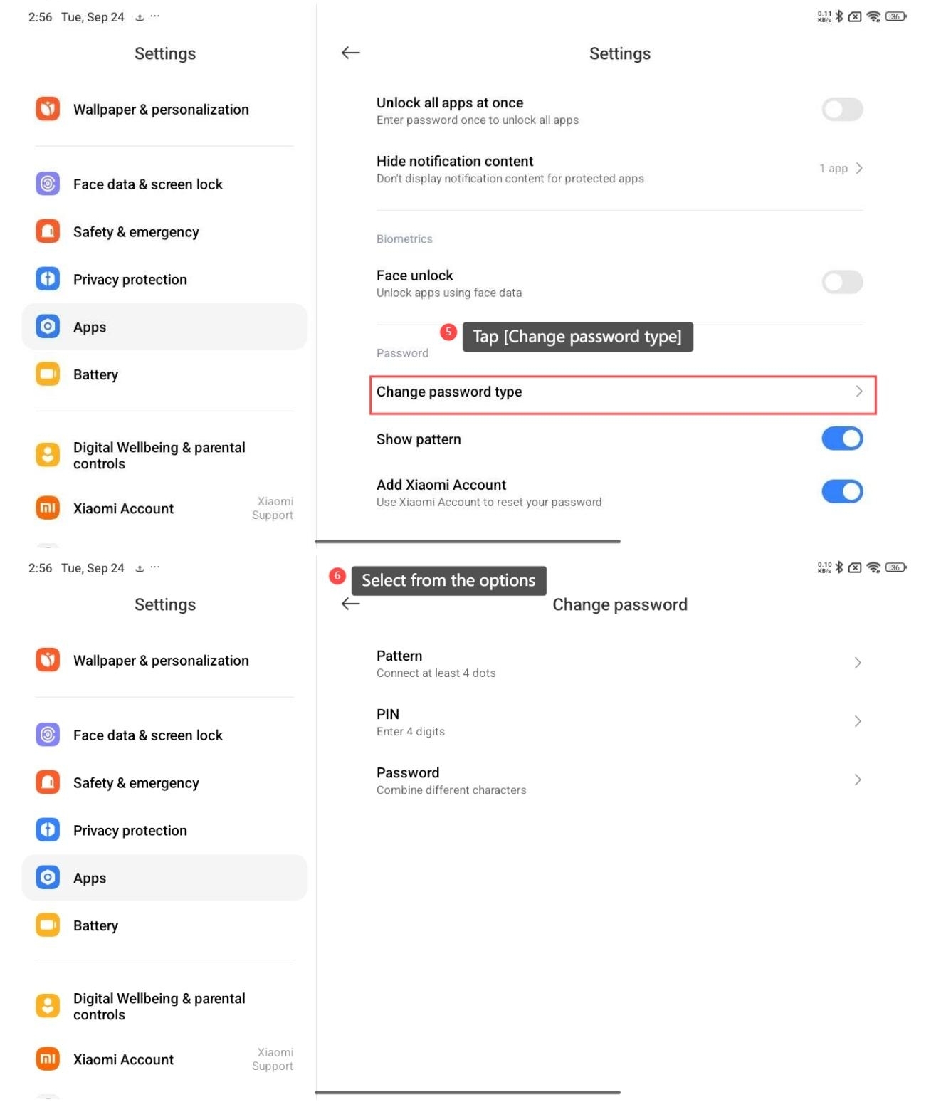 How to change password type of APP lock on the Redmi Pad SE 8.7 4G?