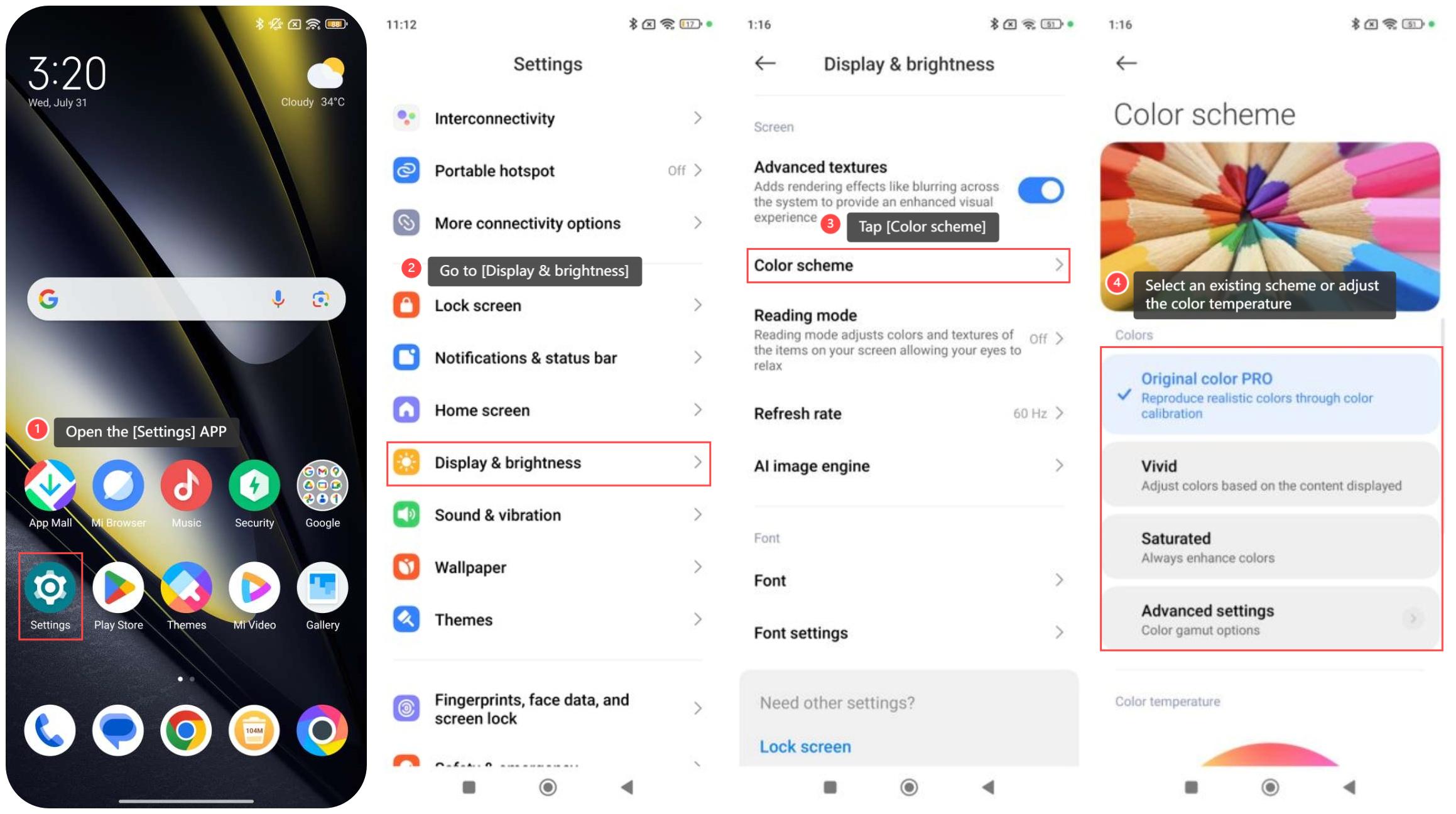 poco様⭐確認ページ POCO F6の表示色を調整するにはどうすればよいですか?